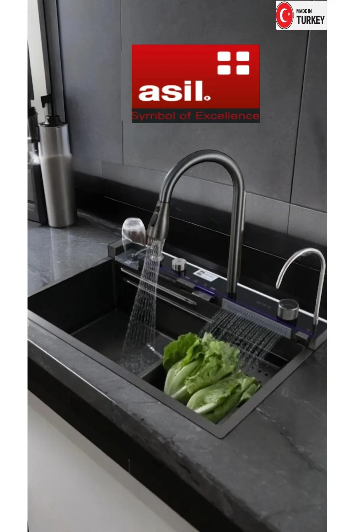 Asil Krom Teknolojik, Akıllı, Şelaleli Eviye Seti (ANTRASİT)